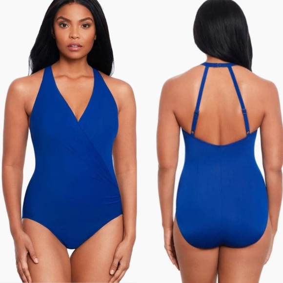 New! Miraclesuit Rock Solid Blue Wrapsody One Piece Swimsuit 20510 - Picture 1 of 13